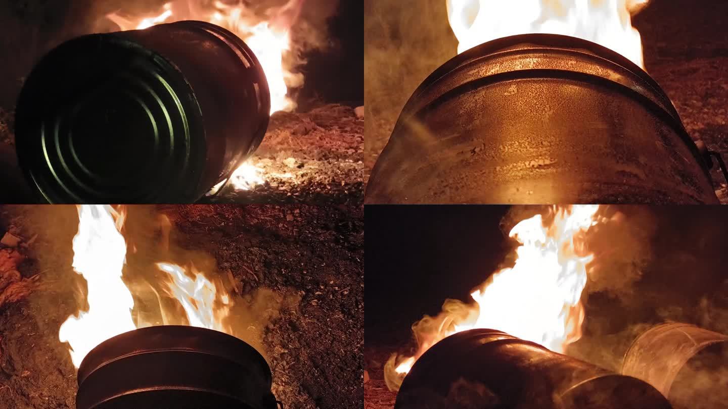 油渣桶着火燃烧油桶油桶燃烧火焰金属体污染