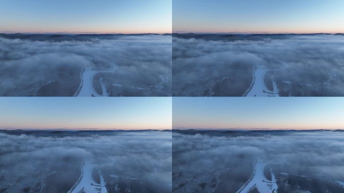 航拍冷空气迷漫的林海雪原