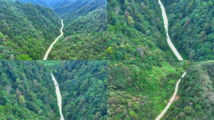 航拍汽车行驶在绿色森林公路山路上