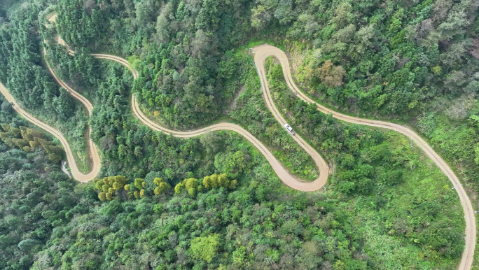 皮卡车行驶在森林蜿蜒曲折山路上