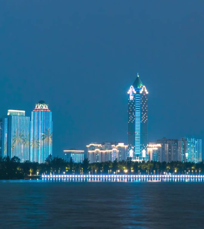 海南省海口市外滩地标建筑夜景延时摄影