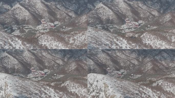 航拍威海市里口山王家疃村广福寺冬季雪景