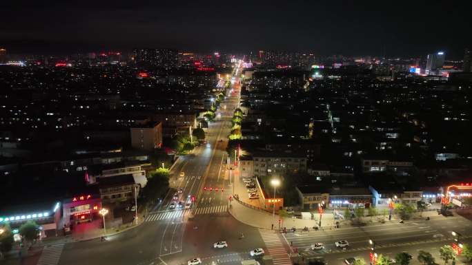 忻州古城城楼夜景及步行街低空夜景4k航拍