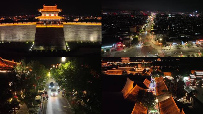忻州古城城楼夜景及步行街低空夜景4k航拍