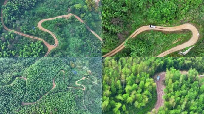 汽车行驶在森林乡间公路 绿茵山路运送物资