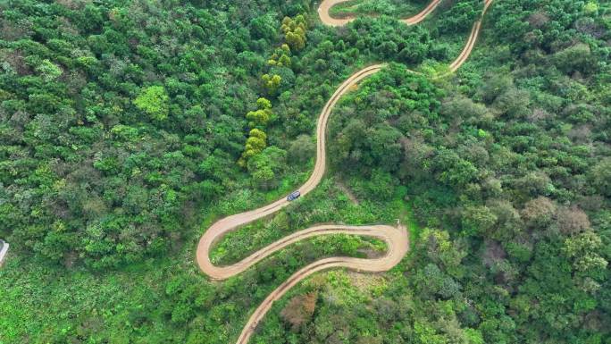 4卡航拍汽车行驶在森林蜿蜒曲折山间公路