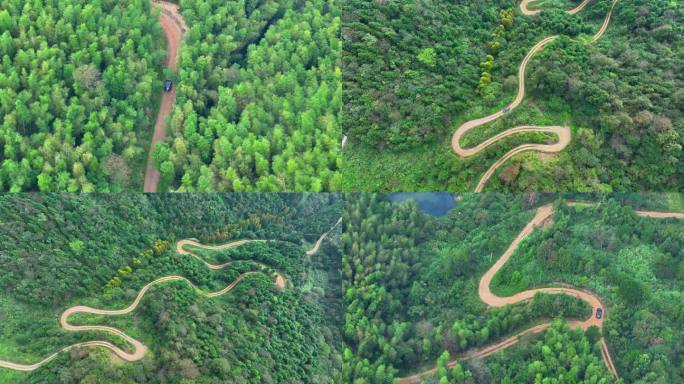 4卡航拍汽车行驶在森林蜿蜒曲折山间公路