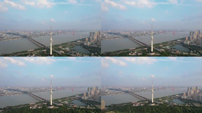 航拍武汉城市地标长江大桥电视塔长江江景