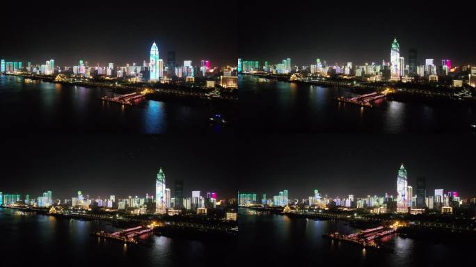 航拍武汉城市夜景灯光秀知音号长江游轮码头
