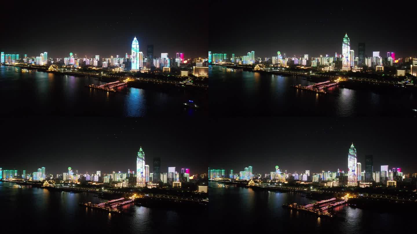 航拍武汉城市夜景灯光秀知音号长江游轮码头