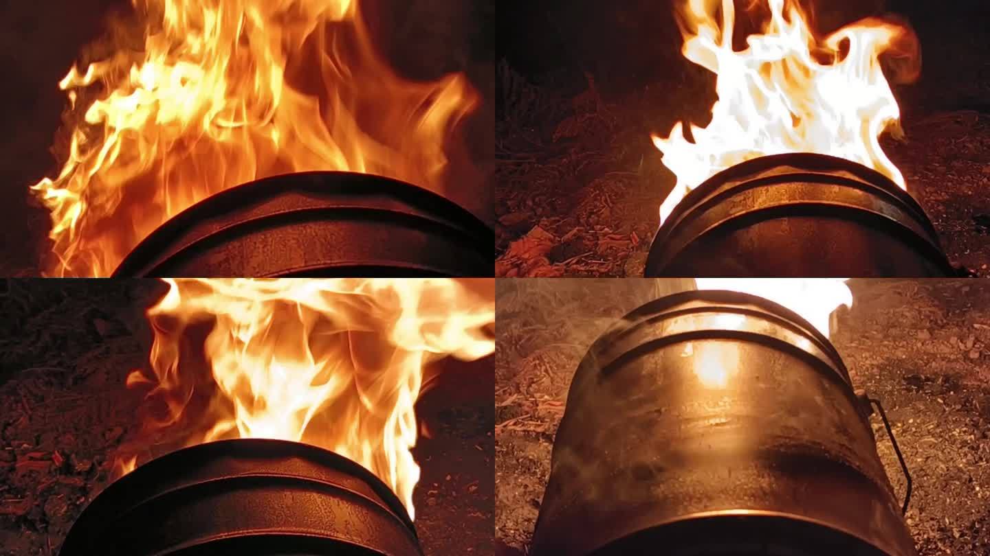 油渣桶着火燃烧油桶油桶燃烧火焰金属体污染