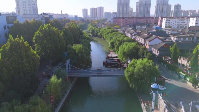 蓝天济宁城市河道运河城城市中心航拍旅游