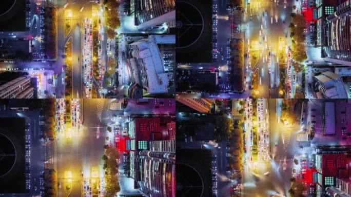 城市道路夜景俯视航拍延时