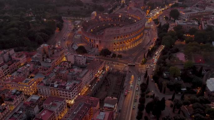 城市航拍罗马斗兽场灯光夜景意大利地标古迹