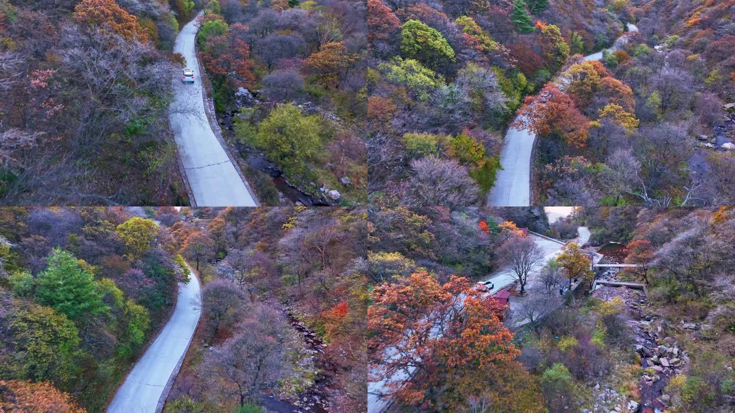 航拍深秋时节的山间公路