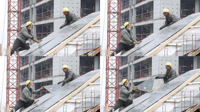 两名工人在楼顶施工