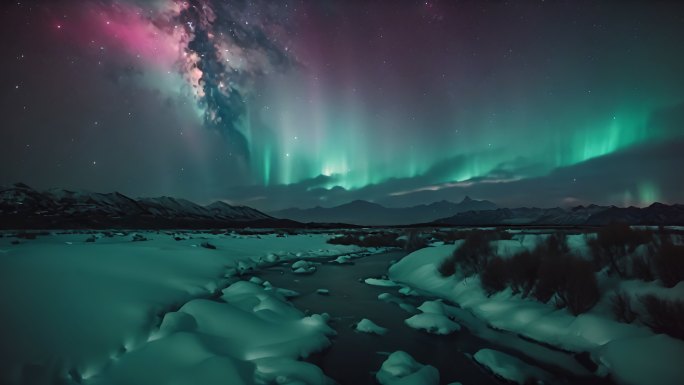 4K极光北极极昼夜空星空梦幻唯美背景