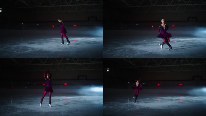 年轻女子花样滑冰运动员在黑暗中的冰场强化训练，为比赛做准备