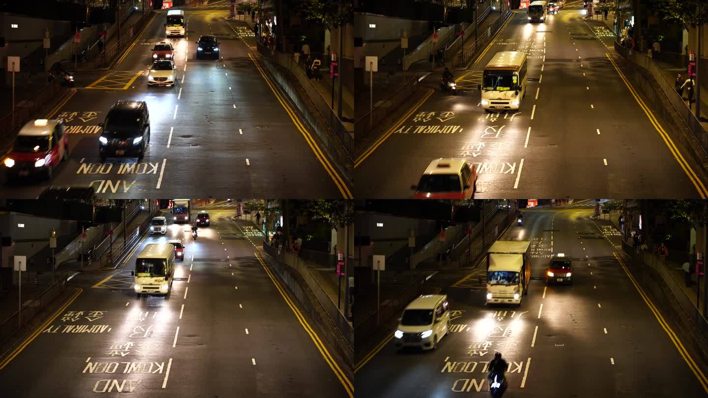 香港城市道路夜晚繁忙交通车流路况汽车行驶