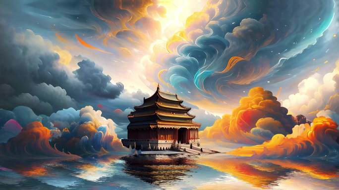 原创4K中国风国潮古建筑云彩油画