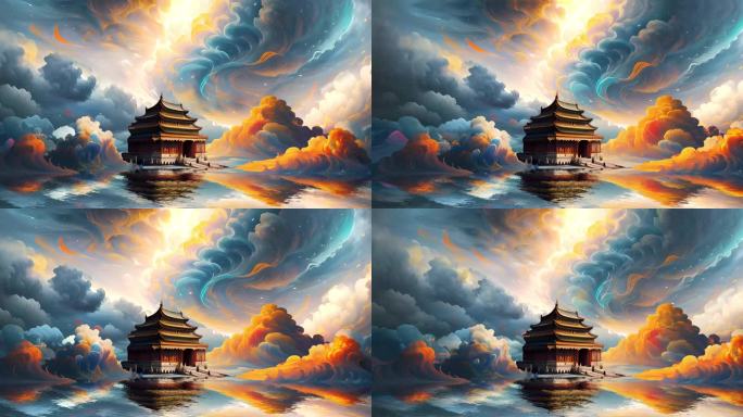 原创4K中国风国潮古建筑云彩油画