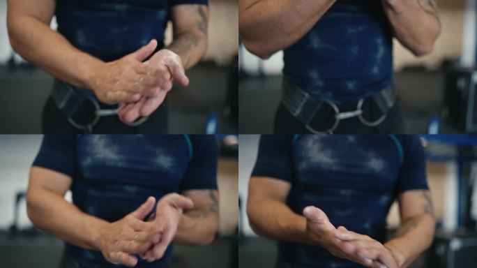 肌肉发达的男运动员在健身房锻炼前在手上涂抹运动粉笔的特写