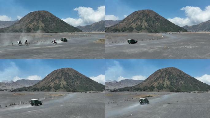 汽车行驶在印尼爪哇岛布罗莫火山沙海荒漠