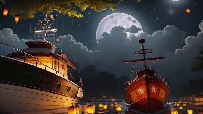 古代渔船 夜景 灯笼