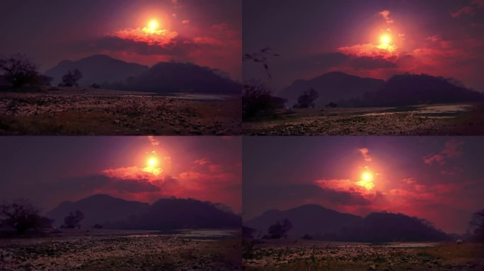 夕阳 太阳 山景 磨盘山 干枯河道