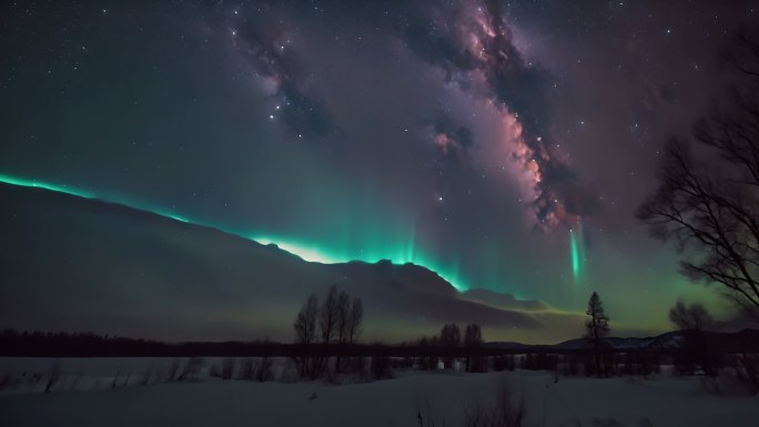 4K极光北极极昼夜空星空梦幻唯美背景