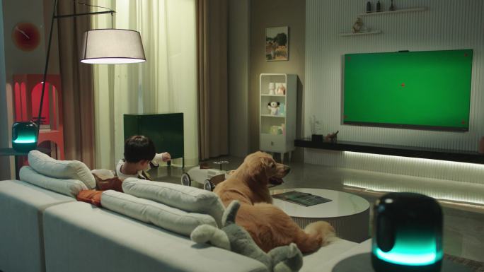 4k实拍男孩和宠物狗狗客厅一起看电视