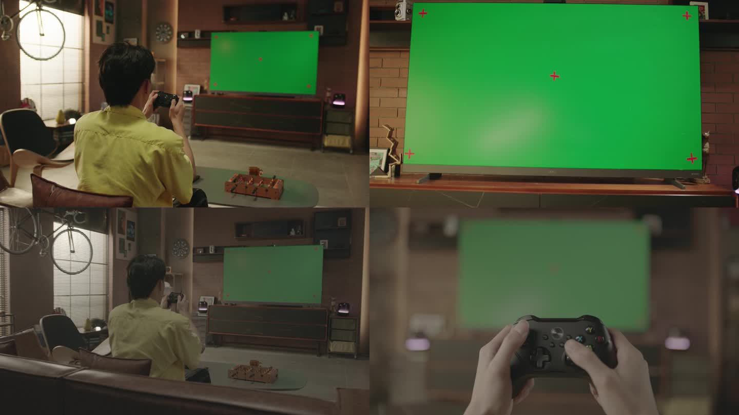 帅哥男生一个人在家打游戏电视绿幕大屏