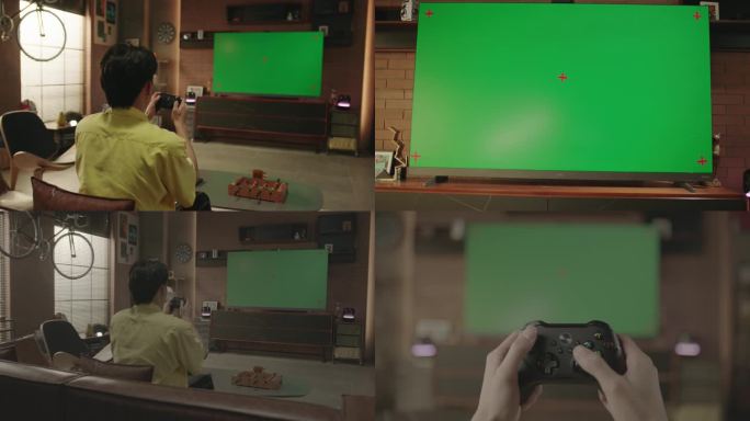 帅哥男生一个人在家打游戏电视绿幕大屏