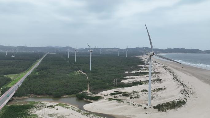 福建省福州市平潭沿海通道风力发电沙滩航拍