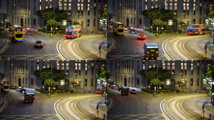 香港城市道路夜晚繁忙交通车流路况汽车行驶
