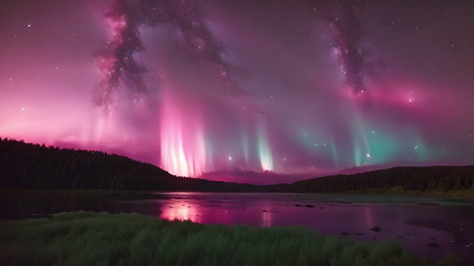 4K极光北极极昼夜空星空梦幻唯美背景