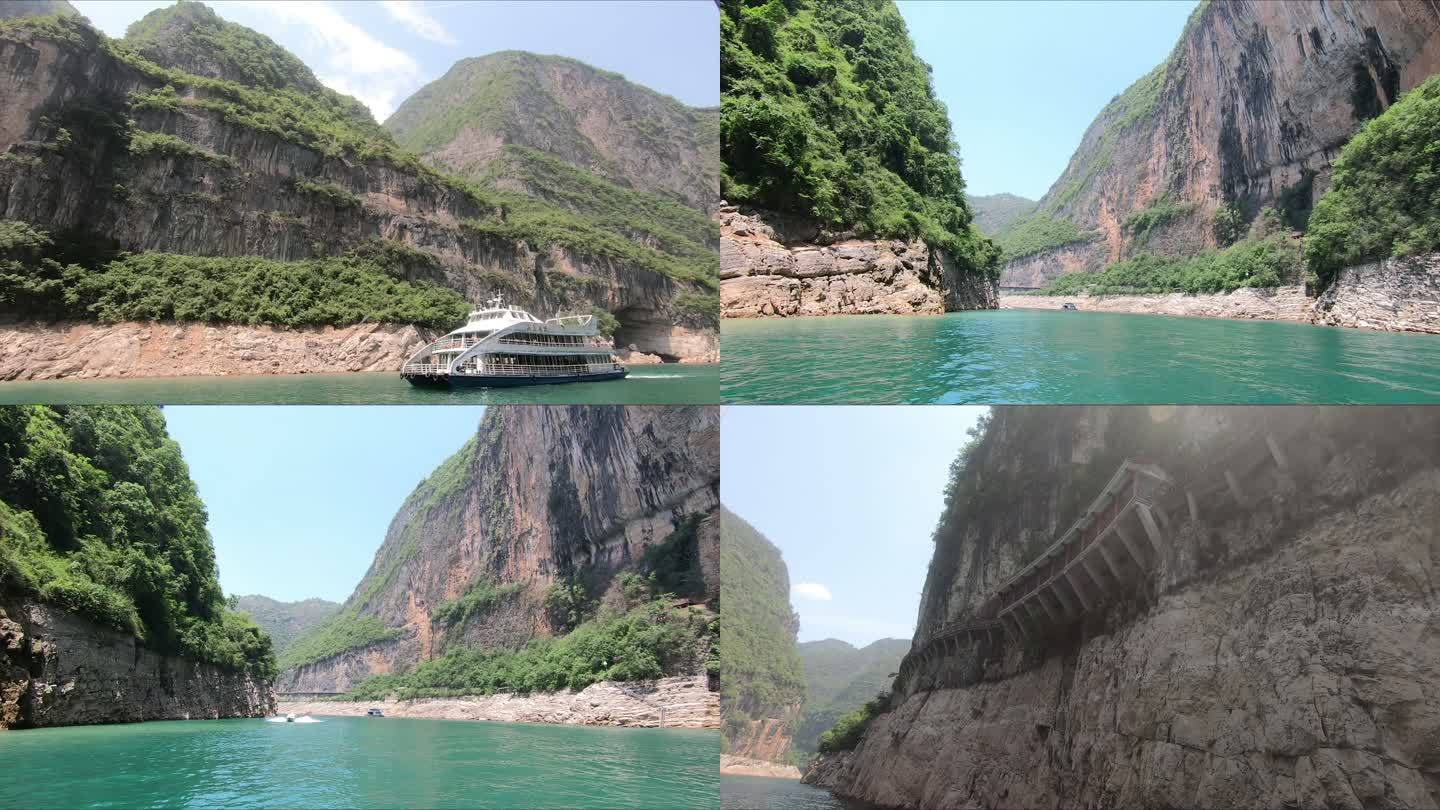 长江三峡两岸风光峭壁栈道快艇客轮游轮游船