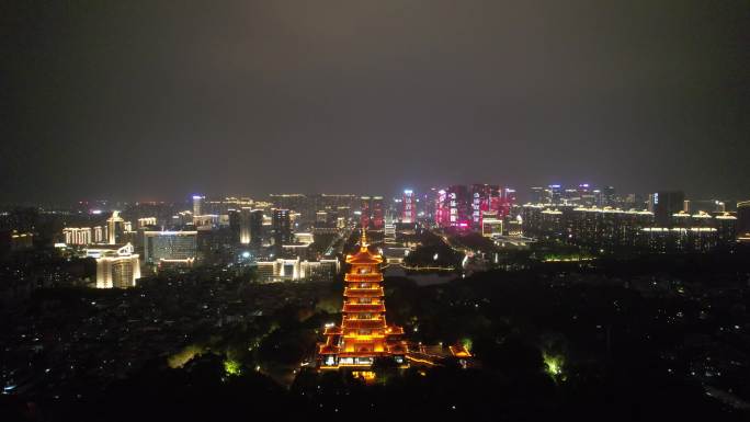 广东佛山夜景魁星阁地标建筑航拍