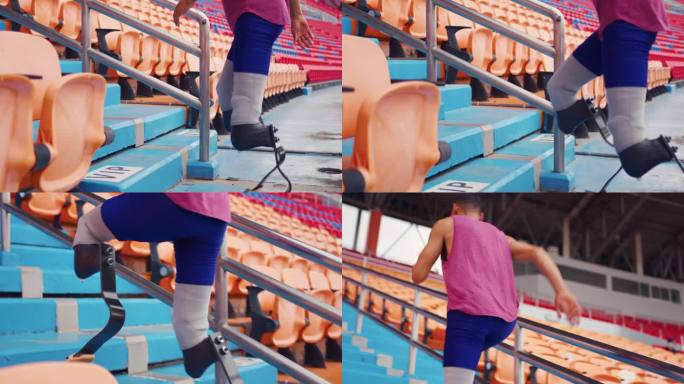 亚洲残障运动员戴着义肢在体育场奔跑。有吸引力的截肢男性跑步运动和练习锻炼的比赛，不管身体的限制。