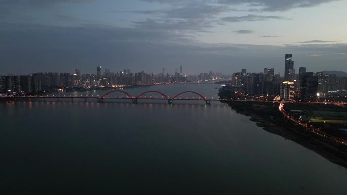 航拍 长沙市 福元路大桥 夜景延时 亮灯