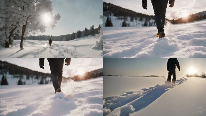慢镜头冬日雪地里奔跑