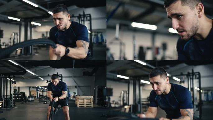 穿着运动服的肌肉男在健身房使用战斗绳进行力量和肌肉训练