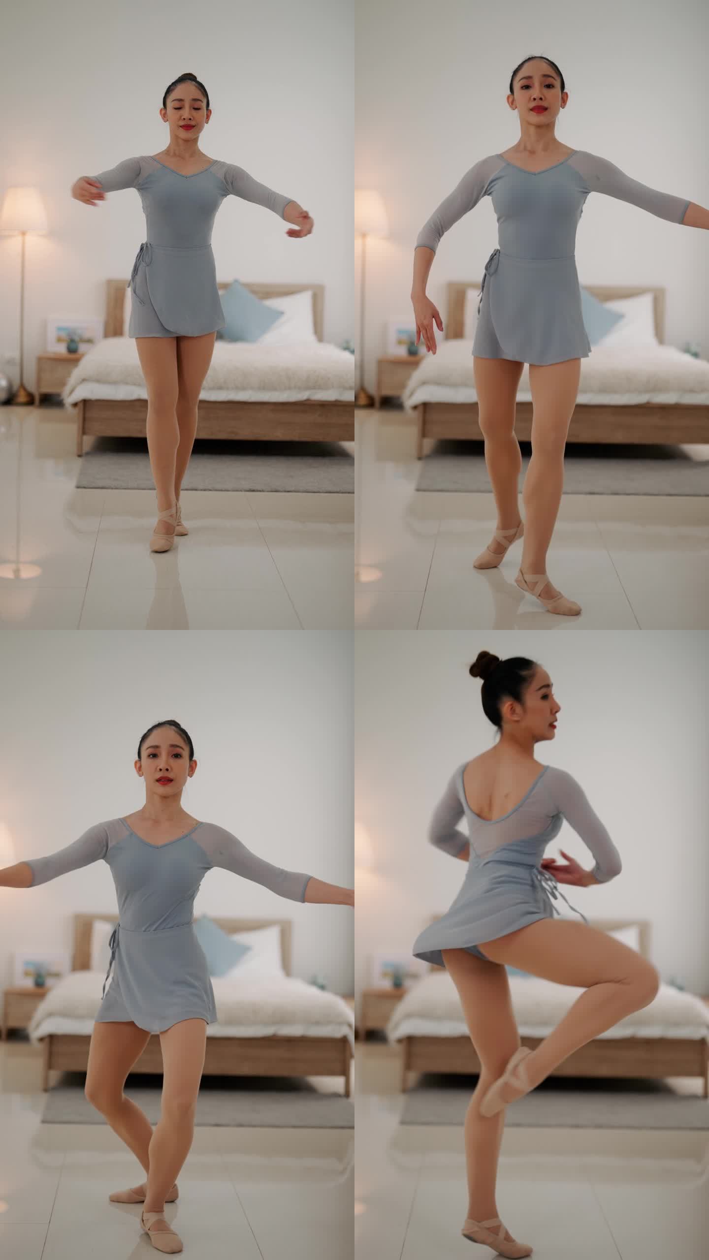 年轻的亚洲女子在家里练习芭蕾舞。