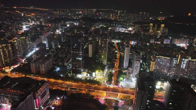 龙岩市夜景新罗区龙岩大道城市大景航拍