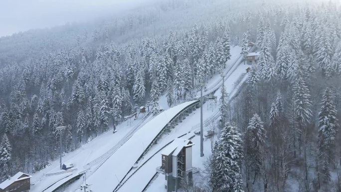 雪山飞山，冬季森林，空中滑雪。