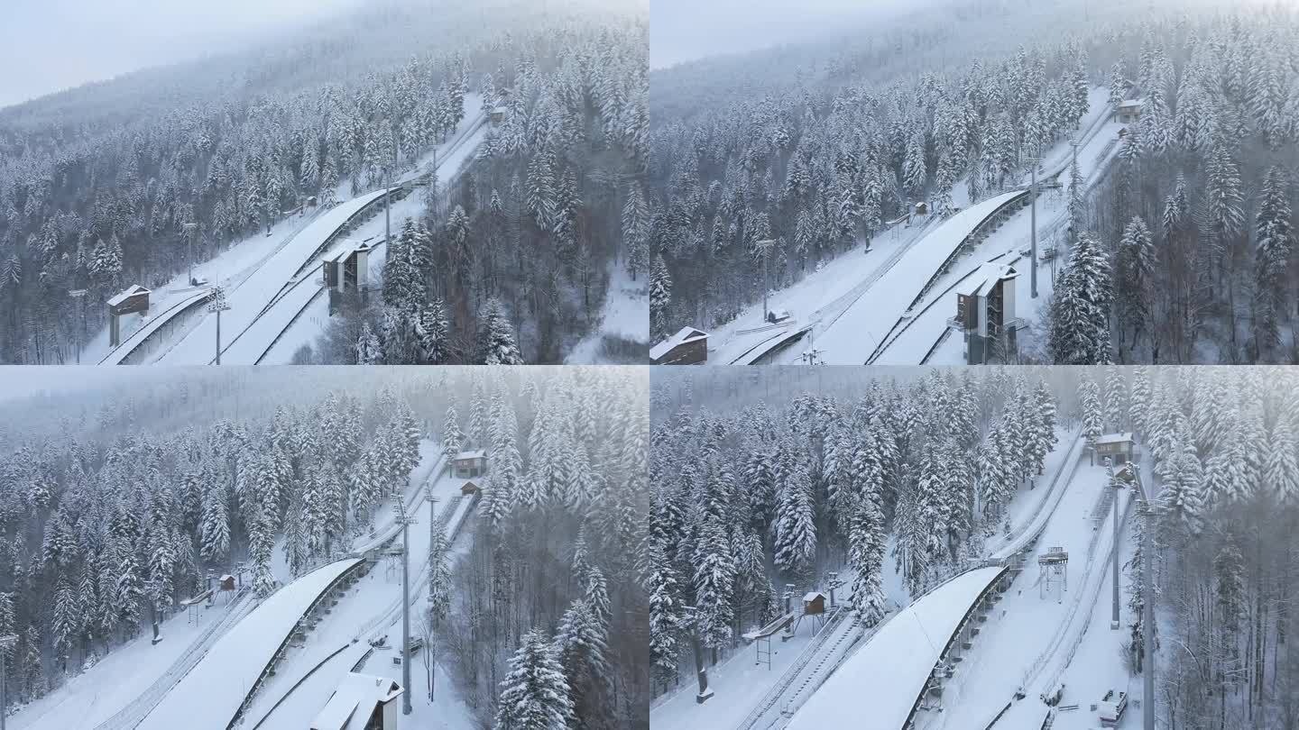 雪山飞山，冬季森林，空中滑雪。