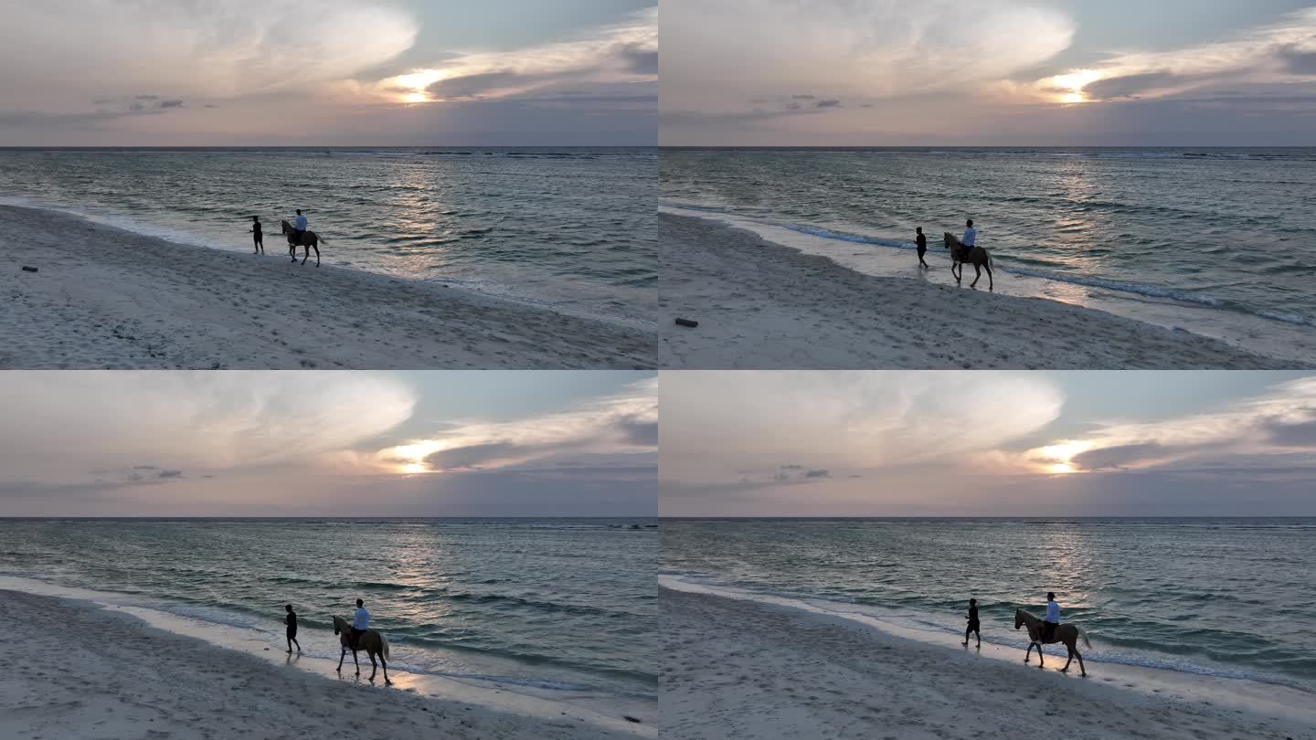 印度尼西亚吉利群岛屿海滨沙滩骑马日落风光