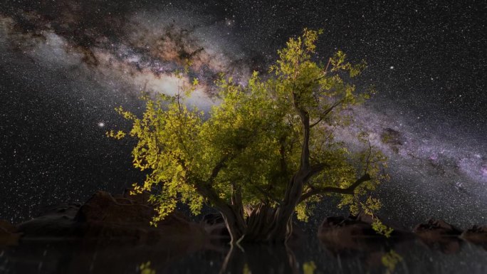 树木在水中的倒影在夜晚流逝。银河和天上的星星。神话中的象征，生命之树，知识之树。电影。探索宇宙，是科