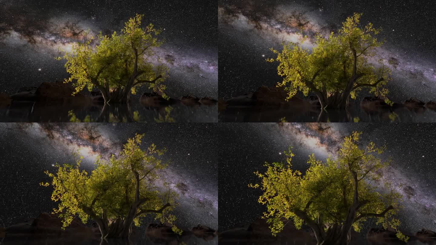 树木在水中的倒影在夜晚流逝。银河和天上的星星。神话中的象征，生命之树，知识之树。电影。探索宇宙，是科