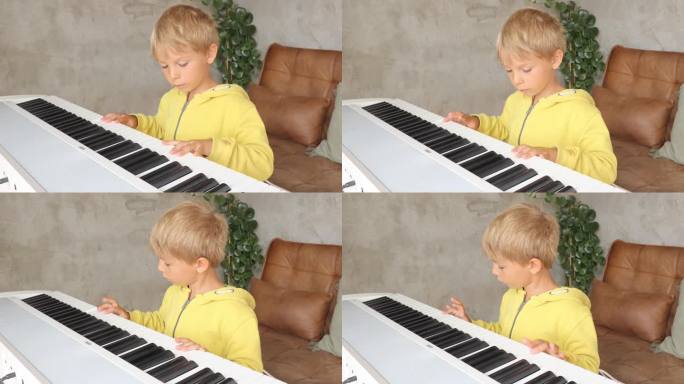 可爱的孩子，男孩，在家里弹钢琴，学习如何演奏乐器